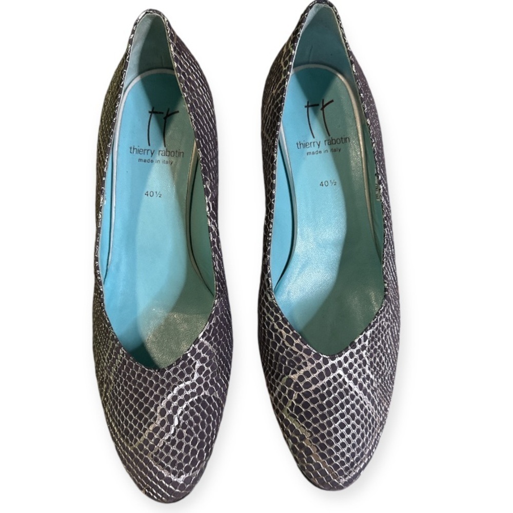 Thierry Rabotin Snake Print Slate Blue/Silver Pumps 10 - Picture 3 of 8